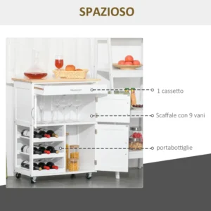 HOMCOM White Wood Kitchen Cart food with Bottle Rack 1 συρτάρι και 3 πόρτες, 67x37x87cm 801-179 - Image 3