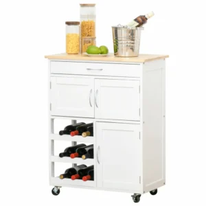 HOMCOM White Wood Kitchen Cart food with Bottle Rack 1 συρτάρι και 3 πόρτες, 67x37x87cm 801-179 - Image 6