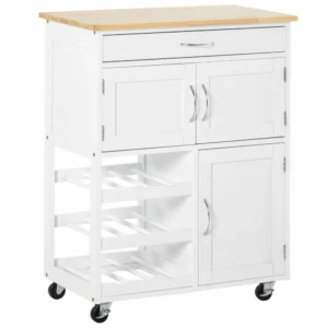 HOMCOM White Wood Kitchen Cart food with Bottle Rack 1 συρτάρι και 3 πόρτες, 67x37x87cm 801-179 - Image 8