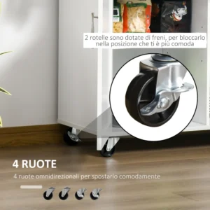 Ξύλινο καρότσι κουζίνας πολλαπλών χρήσεων HOMCOM με 2 συρτάρια, ντουλάπι και 4 ρόδες, 104x46x91cm - Λευκό 801-203 - Image 5