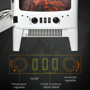 HOMCOM Ηλεκτρικό τζάκι με εφέ φλόγας και 3 ανοιχτές πλευρές ρυθμιζόμενη κάλυψη θερμοκρασίας 20-25m² - Λευκό 820-222V90WT - Image 4