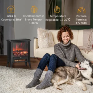 HOMCOM  Ηλεκτρικό Τζάκι 1800W με Εφέ Φλόγας σε 3 Εντάσεις, από Μέταλλο και Γυαλί, 36x21x47 εκ., Μαύρο  820-407V90BK - Image 4