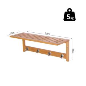 Επιτοίχιο Ξύλινο Ράφι από Μπαμπού με 4 Άγκιστρα 50 x 17 x 20 cm HOMCOM 831-198 - Image 4