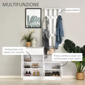 Έπιπλα εισόδου Homcom με σχάρα παπουτσιών και κρεμάστρα σε λευκό ξύλο, 100x32x187cm 831-213 - Image 3