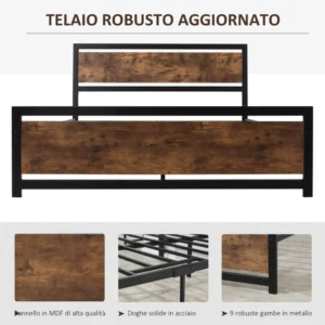 HOMCOM Δομή διπλού κρεβατιού από ξύλο και ατσάλι με πηχάκια βιομηχανικού στυλ, 160x200cm 831-420V01 - Image 4