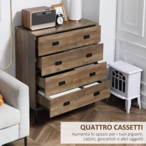 HOMCOM Συρταριέρα μοριοσανίδα με 4 συρτάρια και μεταλλική για σαλόνι και κρεβατοκάμαρα, 80x39x95 cm, καφέ 831-490CF - Image 3