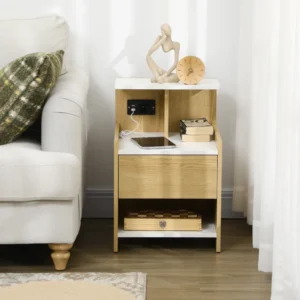 HOMCOM Μοντέρνο κομοδίνο με 2 υποδοχές και θύρες USB και συρτάρι από μοριοσανίδες, 40x40x60cm, Χρώμα ξύλου 831-668V90ND - Image 5