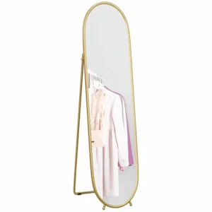 HOMCOM Οβάλ Κατακόρυφος Καθρέφτης Δαπέδου με Στήριγμα από Γυαλί και Μέταλλο 40x41x159 εκ. Χρυσή Απόχρωση 831-777V80GD