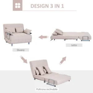 Homcom Καναπές-Κρεβάτι 2 για 1 ½ Τετράγωνο από ατσάλι και ύφασμα με 4 μαξιλάρια κρέμας 833-079 - Image 3