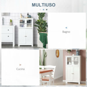 Kleankin Επιπλο Μπάνιου με Δύο Ντουλάπια, Γυάλινες Πόρτες και Ρυθμιζόμενο Ράφι, 60x30x108.5 cm, Λευκό 834-310 - Image 5