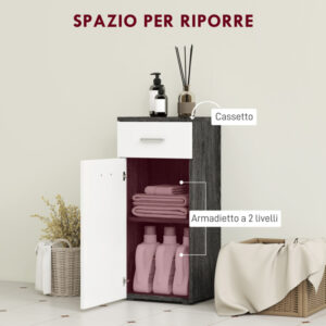 Kleankin Κινητό Μπάνιο με Συρτάρι και Ντουλάπι Ξύλινο, 35x30x77.5εκ, Λευκό και Μαύρο 834-372V00MX - Image 3