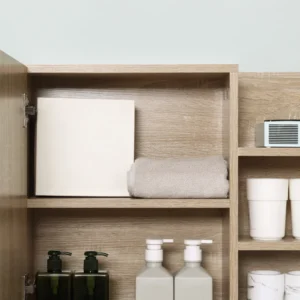 kleankin Καθρέφτης Τοίχου Μπάνιου με Πόρτα και 3 Πλαϊνά Ξύλινα Ράφια, 60x18x50cm 834-378ND - Image 5