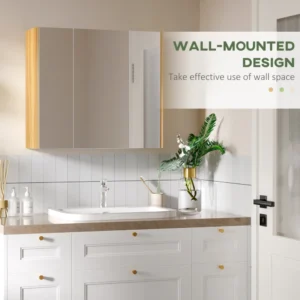 kleankin Ντουλάπα καθρέφτη μπάνιου 3 Πόρτες με Ρυθμιζόμενα Ράφια, 68x22x60cm, Λευκό 834-559V80WT - Image 5