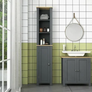 kleankin στήλη μπάνιου εξοικονόμησης χώρου με ντουλάπι και 3 ανοιχτά ξύλινα ράφια, 34x23x165cm, γκρι 834-586V00GY - Image 5