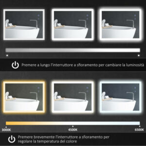 kleankin Καθρέφτης μπάνιου LED Αντιθαμβωτική με 3 Χρώματα και Ρυθμιζόμενη Φωτεινότητα, σε Μέταλλο και Γυαλί, 80x60x3 cm 834-590V01CR - Image 3