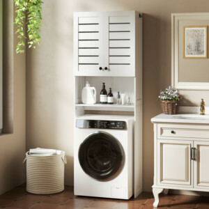 HOMCOM Κινητό ντουλάπι πάνω από την τουαλέτα με ντουλάπι 2 θυρών και ανοιχτό ράφι, σε λευκό ξύλο, 67x31,5x190 εκ. 834-828V00WT - Image 7