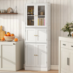 HOMCOM Φορητή Μπάνιο με 3 Ντουλάπια με 2 Πόρτες από Γυαλί και Ξύλο, Ρυθμιζόμενα Ράφια, 60x30x170 cm, Λευκό 834-885V00WT - Image 8