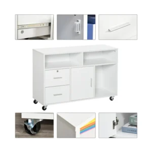 Τροχήλατο Ξύλινο Έπιπλο Γραφείου με 1 Ντουλάπι 3 Ράφια και 2 Συρτάρια 100 x 35 x 65 cm Χρώματος Λευκό HOMCOM 836-269WT - Image 2