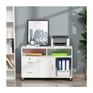 Τροχήλατο Ξύλινο Έπιπλο Γραφείου με 1 Ντουλάπι 3 Ράφια και 2 Συρτάρια 100 x 35 x 65 cm Χρώματος Λευκό HOMCOM 836-269WT - Image 3