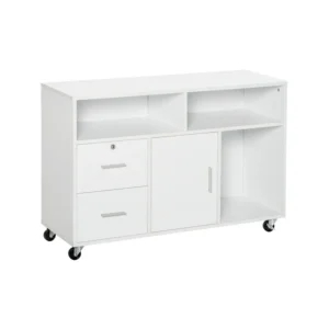 Τροχήλατο Ξύλινο Έπιπλο Γραφείου με 1 Ντουλάπι 3 Ράφια και 2 Συρτάρια 100 x 35 x 65 cm Χρώματος Λευκό HOMCOM 836-269WT
