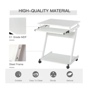 Τροχήλατο Μεταλλικό Γραφείο Υπολογιστή με Θέση για Πληκτρολόγιο 60 x 48 x 73 cm Χρώματος Λευκό HOMCOM 836-293WT - Image 2