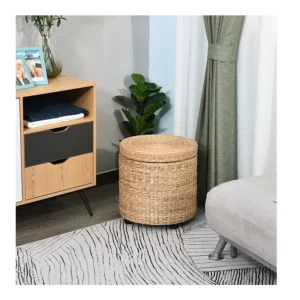 Στρογγυλό Ψάθινο Σκαμπό με Αποθηκευτικό Χώρο 43 x 43 cm HOMCOM 837-072 - Image 3