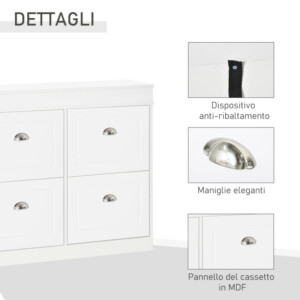 HOMCOM Ξύλινο ντουλάπι παπουτσιών εξοικονόμησης χώρου 4 πτυσσόμενα συρτάρια με ρυθμιζόμενο ράφι, 98x24x83 cm, Λευκό 837-140 - Image 4