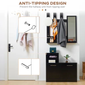 Σετ κρεμάστρα ρούχων Hallway HOMCOM με καθρέφτη και πάγκο με σχάρα για 8 ζευγάρια παπούτσια, γυαλιστερό μαύρο 837-332V00BK - Image 5