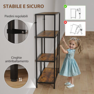 HOMCOM Βιβλιοθήκη με 4 Ράφια Βιομηχανικού Στυλ σε Ξύλο και Μέταλλο, 77x30x116 cm, Ρουστίκ Καφέ 838-546V00DW - Image 4