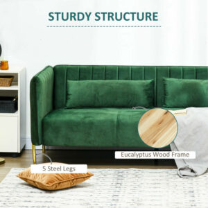 HOMCOM Μοντέρνος 3θέσιος καναπές με μαξιλάρια με επένδυση, ατσάλινα πόδια και βελούδινο ύφασμα, 200x88x76 cm, πράσινο 839-491V01GN - Image 4