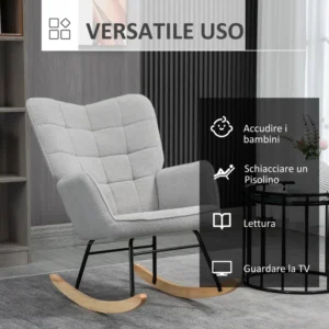 HOMCOM  Πολυθρόνα Κουνιστή Επενδεδυμένη από Ξύλο και Ατσάλι με Επένδυση Bouclé, 71x98x101 εκ., Γκρι  839-613V00LG - Image 5