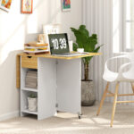 HOMCOM  Πτυσσόμενο Τραπέζι Φαγητού για 2-4 Άτομα με 2 Πτυσσόμενα Φύλλα, Συρτάρι και Ράφια, Δρυς  83A-201V00AK - Image 6