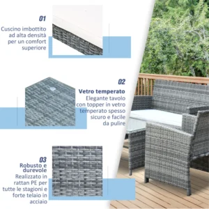 Σετ έπιπλα κήπου Outsunny σε καναπέ PE Rattan και 2 πολυθρόνες με τραπεζάκι σαλονιού και μαξιλάρια γκρι 841-173 - Image 3