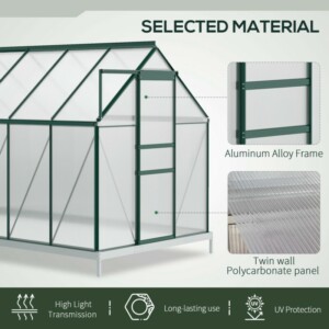 Θερμοκήπιο Outsunny Garden από πολυανθρακικό, μέταλλο και αλουμίνιο, αντι-UV και αντιανεμικό, 190x375x199cm, πράσινο 845-540V02GN - Image 5