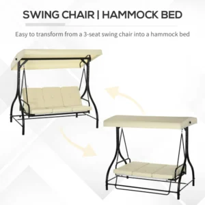 Outsunny Κούνια κήπου 3 θέσεων με ρυθμιζόμενο κουβούκλιο, σε μεταλλικό και ύφασμα Teslin, μπεζ και μαύρο 84A-031V02BG - Image 3