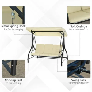 Outsunny Κούνια κήπου 3 θέσεων με ρυθμιζόμενο κουβούκλιο, σε μεταλλικό και ύφασμα Teslin, μπεζ και μαύρο 84A-031V02BG - Image 4