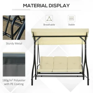 Outsunny Κούνια κήπου 3 θέσεων με ρυθμιζόμενο κουβούκλιο, σε μεταλλικό και ύφασμα Teslin, μπεζ και μαύρο 84A-031V02BG - Image 5