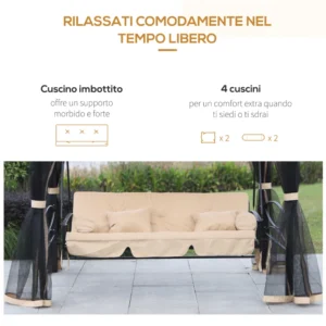 Outsunny κουνιστή πολυθρόνα 3 θέσεων και κάλυμμα κιόσκι μονό κρεβάτι με κουνουπιέρα και μαξιλάρια, μπεζ 256x172x248 cm 84A-056 - Image 3