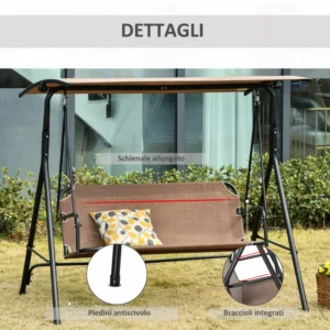 Outsunny Garden Swing Terrace 3 θέσεων με ρυθμιζόμενο μεταλλικό κουβούκλιο και Texteline 172x110x155cm, καφέ 84A-181BN - Image 4