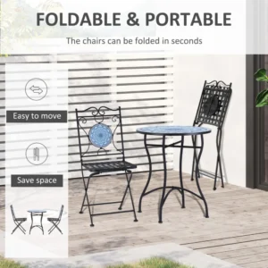 Outsunny σετ κήπου 3 τεμαχίων, τραπεζάκι σαλονιού και 2 πτυσσόμενες καρέκλες με μωσαϊκό, μπλε 84B-852 - Image 3