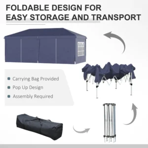 Outsunny Πτυσσόμενο Εξωτερικό Κιόσκι Κήπου με 6 Πλαϊνά Πάνελ, 585x295cm, Μπλε 84C-104V01BU - Image 3