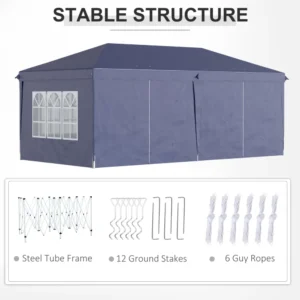Outsunny Πτυσσόμενο Εξωτερικό Κιόσκι Κήπου με 6 Πλαϊνά Πάνελ, 585x295cm, Μπλε 84C-104V01BU - Image 5