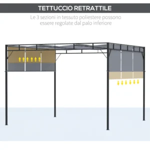 Outsunny Pergola Gazebo 3x3m σε ατσάλι με συρόμενη οροφή και 8 μανταλάκια που περιλαμβάνονται 84C-330CG - Image 3