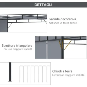 Outsunny Pergola Gazebo 3x3m σε ατσάλι με συρόμενη οροφή και 8 μανταλάκια που περιλαμβάνονται 84C-330CG - Image 4