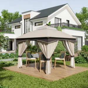 Outsunny 3x3m Steel Garden Gazebo με διπλό κουβούκλιο, πλέγμα και κουρτίνες που περιλαμβάνονται, μπεζ και γκρι 84C-368V00BG - Image 7