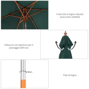 Outsunny ορθογώνια ομπρέλα μπαμπού και Polyester, Anti-UV Green 2x1,5x2,3m 84D-017GN - Image 5