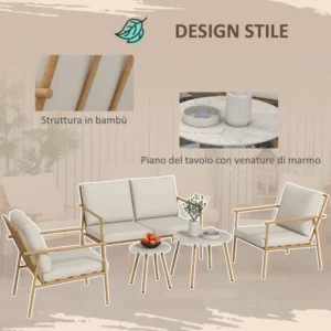 Outsunny Garden Lounge με καναπέ, 2 πολυθρόνες και 2 τραπέζια σαλονιού Bamboo Effect με μαξιλάρια, καφέ 84G-272V00BN - Image 4