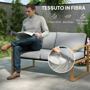 Outsunny Σετ Κήπου 4 Τεμαχίων με 2 Πολυθρόνες, Καναπέ και Τραπεζάκι, από Αλουμίνιο και Ίνες, Γκρι και Ξύλινο Χρώμα 84G-831V00GY - Image 5