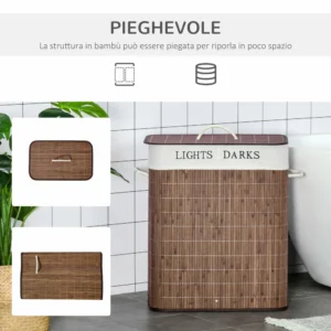 Καλάθι πλυντηρίου μπαμπού HOMCOM 100L με 2 θήκες, καπάκι και λαβές, 52x32x63cm - Καφέ 850-144BN - Image 4