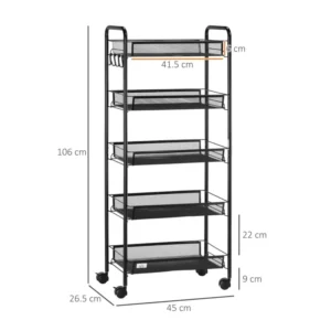 Πολυλειτουργικό Μεταλλικό Τρόλεϊ με 5 Ράφια 45 x 26.5 x 106 cm HOMCOM 850-164 - Image 3